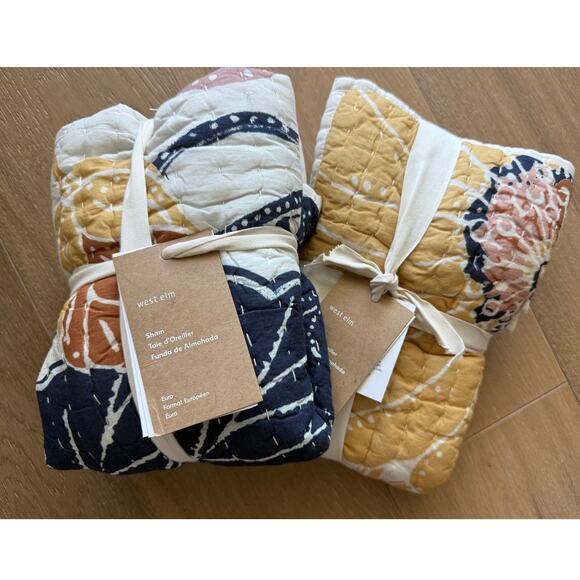 New West Elm Poppy Floral Stitch Euro Pillow Shams Dark Horseradish set 2 - Picture 1 of 2